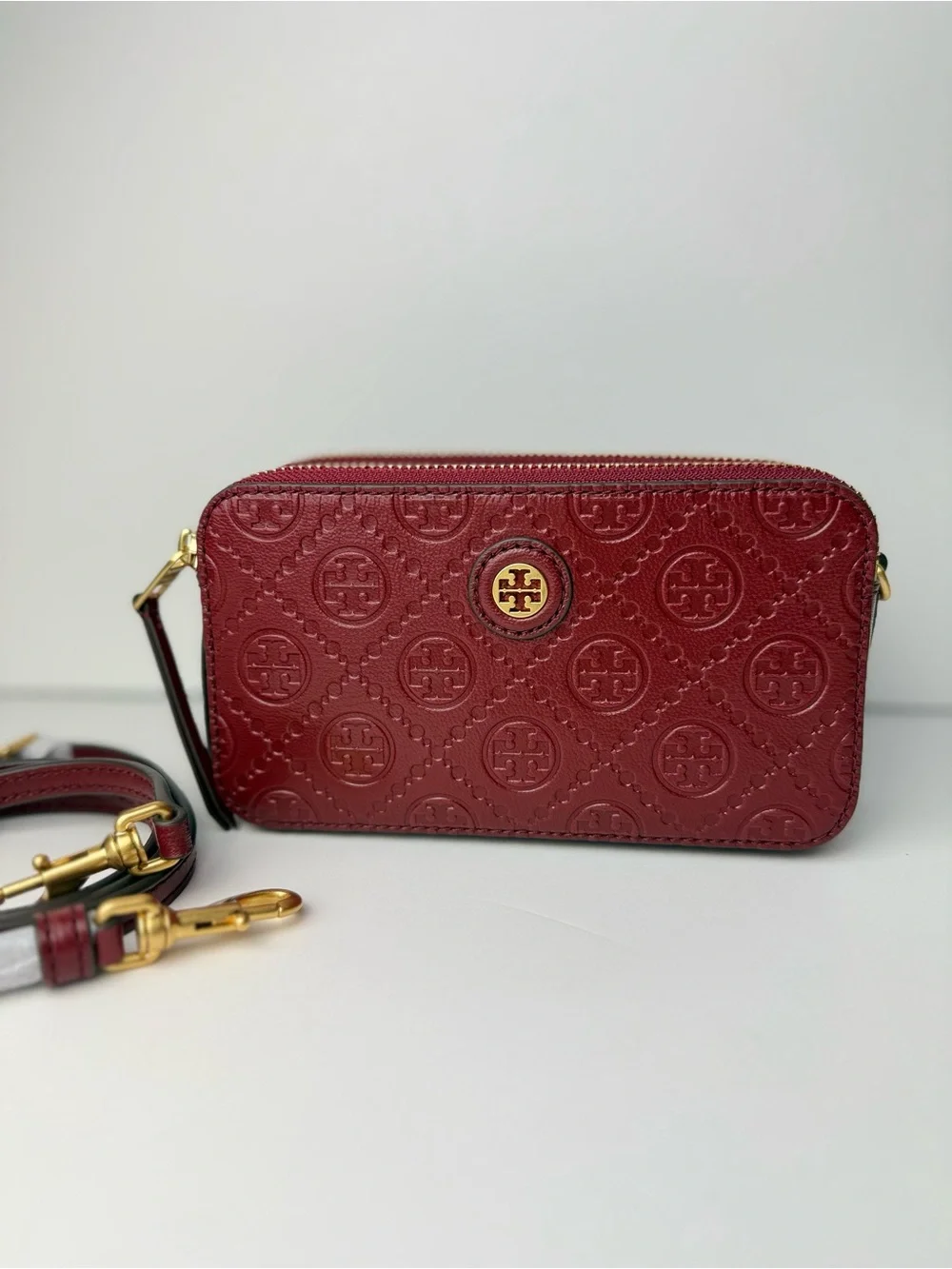 Tory Burch T Monogram Leather Double-Zip Mini Bag Juneberry Red Gold Hardware